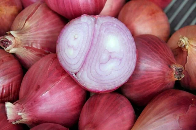 Křížový řez červenou cibulí položená na hromadě celých šalotek.