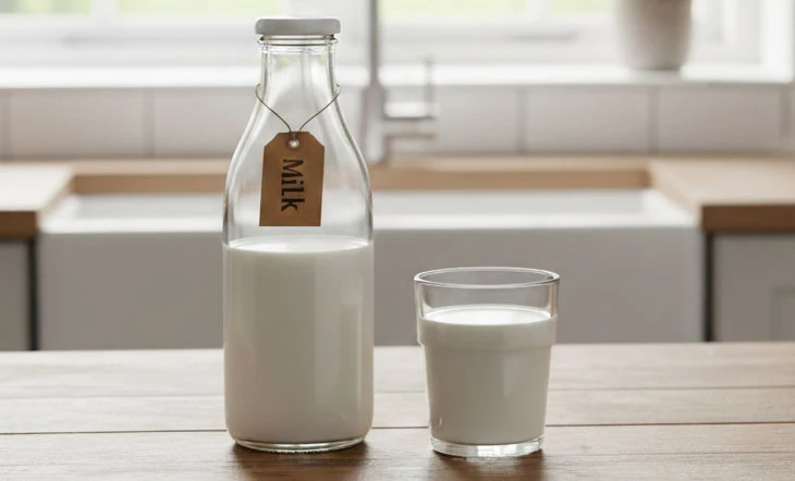 Milk bottle and glass
