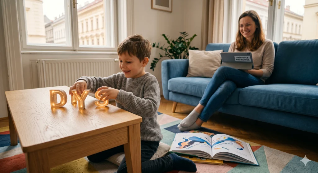 Chlapec hraje s písmenky doma při dyslexii