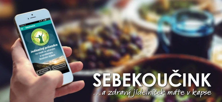 Ruka drží chytrý telefon s aplikací pro zdravou výživu.
