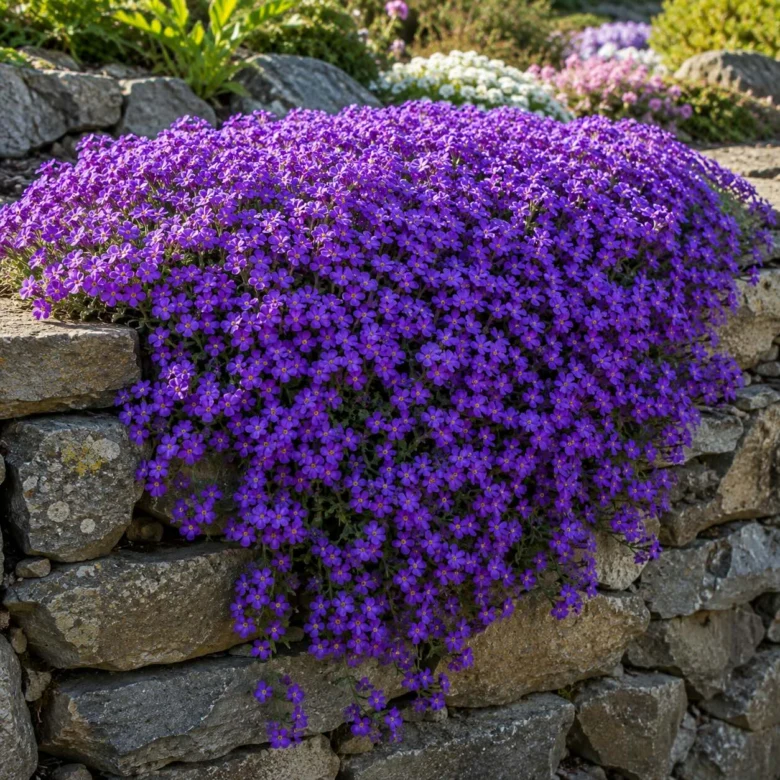 Fialová tařička Aubrietu rostoucí na kamenné zdi v zahradě.