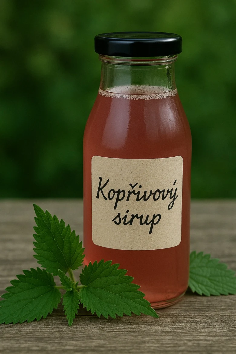Sklenice kopřivového sirupu s čerstvými listy dvoudomé kopřivy.