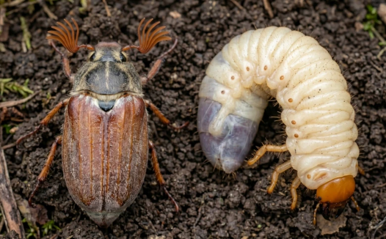 Dospělý chroust obecný a jeho larva v zemi pro identifikaci škůdce.