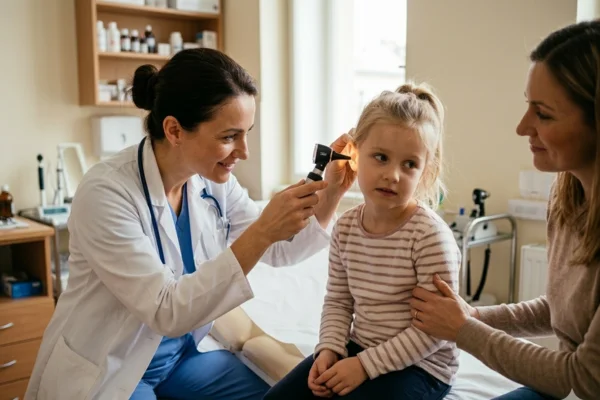 Doctor examining child's ear
