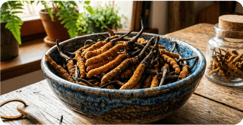 Sušené houby cordyceps v keramické mísce na dřevěném stole.