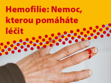 Ruka s krvácícím prstem a český nápis o léčbě hemofilie.