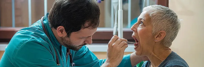 Lékař zkoumá ústní dutinu pacienta nástrojem.