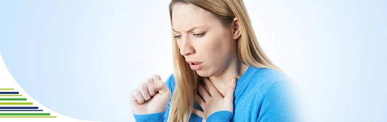 Woman coughing with hand on throat