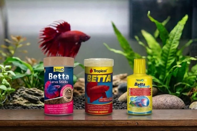 Tři produkty pro péči o bojovnici v akváriu na dřevěné desce.