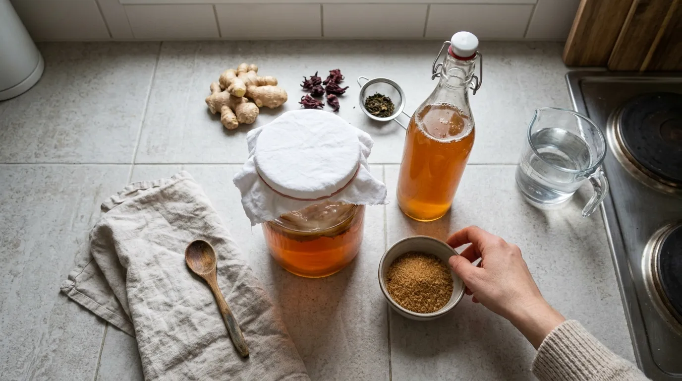 Příprava kombuchy s ingrediventy jako zázvor a květy hibisku.