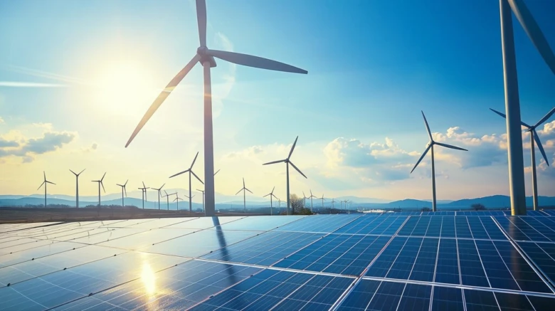 Sluneční panely a větrné turbíny jako zdroje obnovitelné energie.