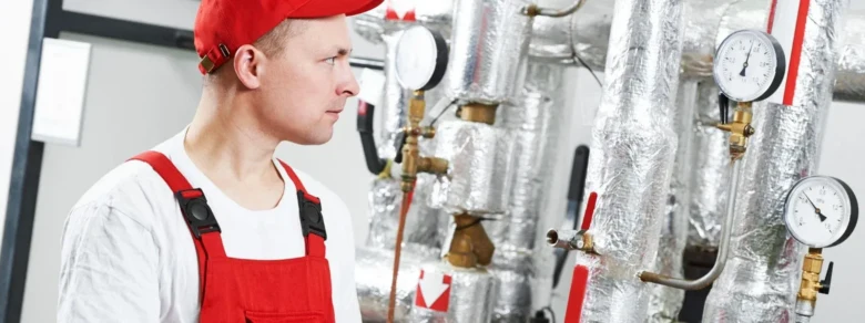 Technik kontroluje plynový kotel s tlakoměry na potrubí.