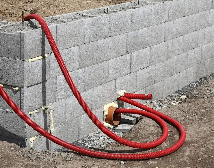Červené trubky v betonu při stavbě základů ze ztraceného bednění.