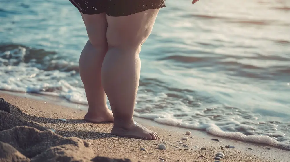 Ženy nohy na pláži u moře při zlaté hodině.