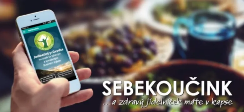 Ruka drží telefon s aplikací pro zdravou výživu na pozadí jídla.