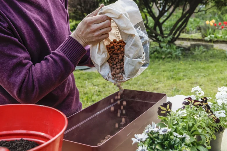 Osoba přidává hnojivo do květináče s rostlinami