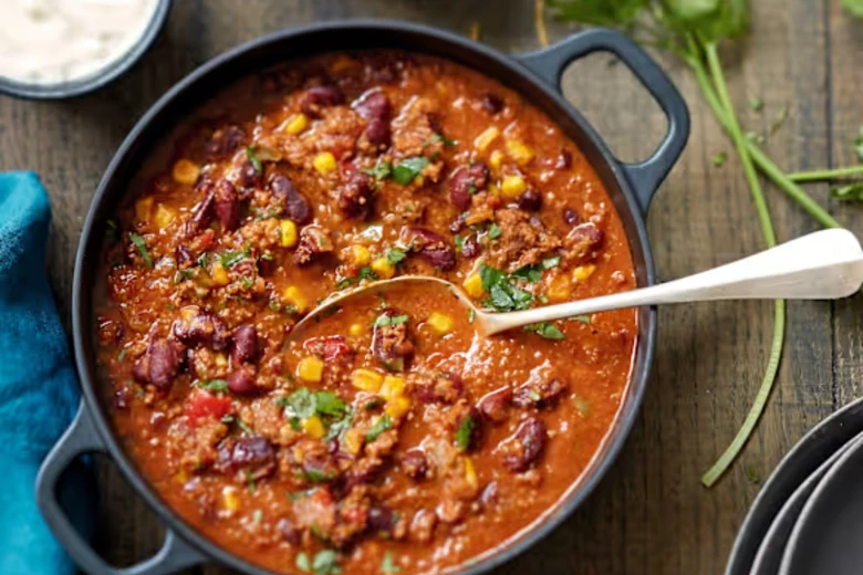 Sklenice s chilli omáčkou obsahující fazole kukurici a maso.