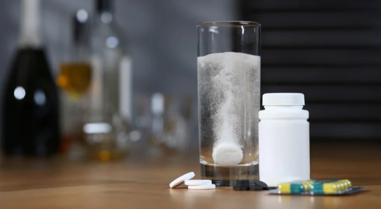 Bílé tablety v sklenici vody s rozostřenými láhvemi alkoholu na pozadí.