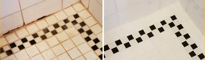 Znečištěná dlažba v koupelně po vyčistění kyselinou chlorovodíkovou.