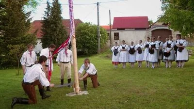 May day pole raising ceremony