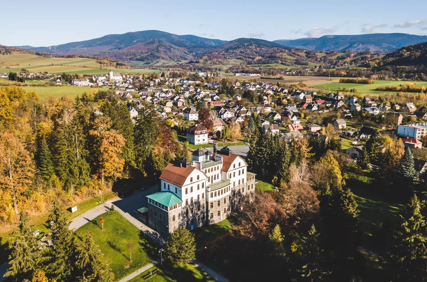 Village and castle in hills