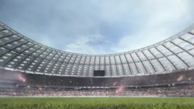 Vnitřek plného stadionu s trávníkem pod oblohou.