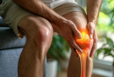 Muž drží bolestivé koleno pod kolenem s výrazným zářením.