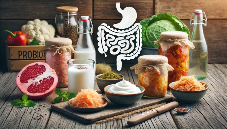 Fermentované potraviny s probiotiky pro zdraví střev na dřevěném stole.