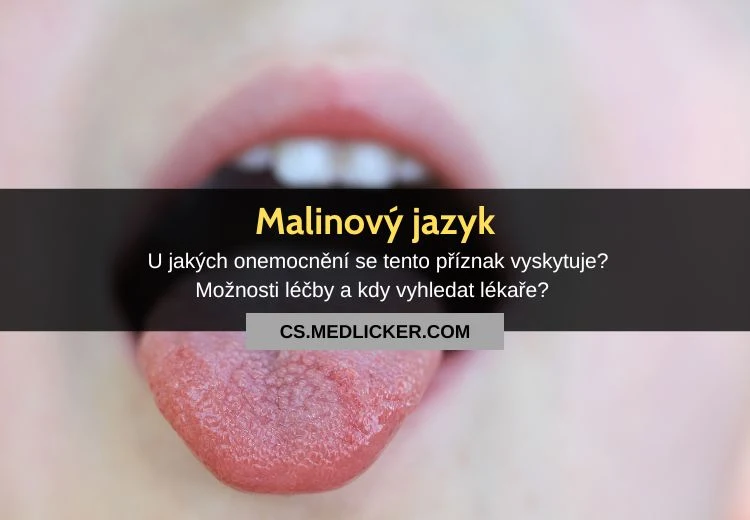 Fotografie malinového jazyka s českým textem o příznacích.
