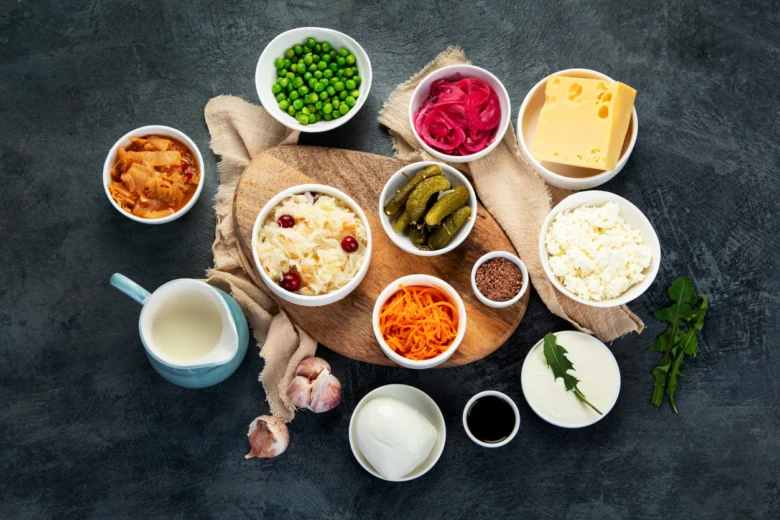 Různé fermentované české pokrmy jako kysané zelí, kefír a jogurt
