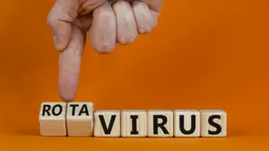 Ruka ukazuje na dřevěné kostky s nápisem Rota virus.