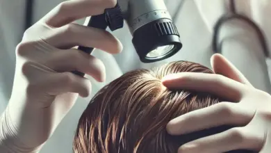 Lékař zkoumá pokožku hlavy pomocí dermatoskopu.