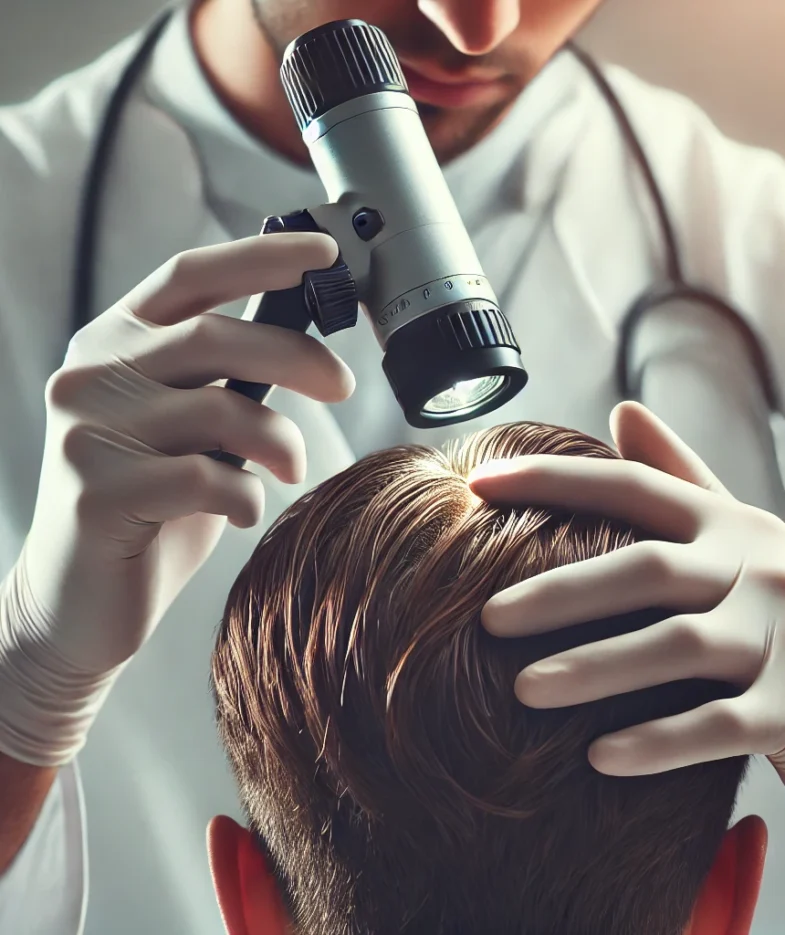 Lékař zkoumá pokožku hlavy pomocí dermatoskopu.