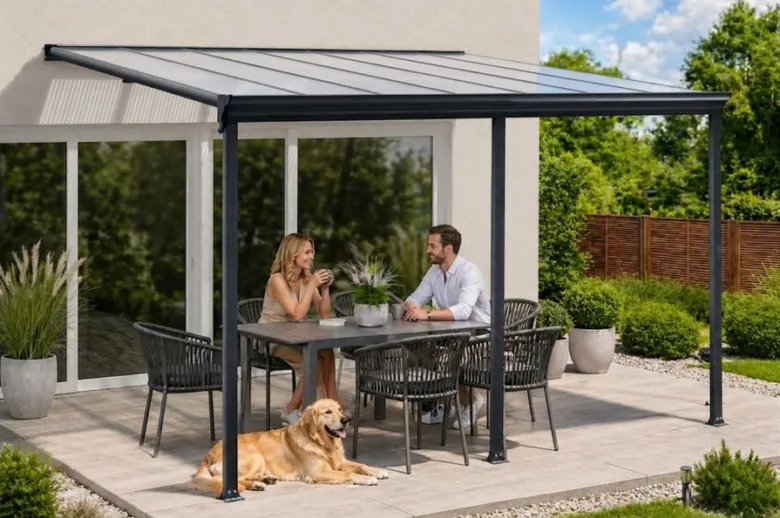 Moderní pergola s pevnou střešní krytinou na zahradě.