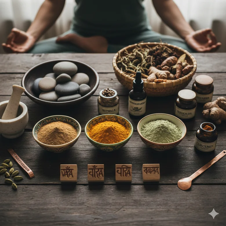 Dřevěná tabule s ayurvédskými bylinami, prášky a kameny pro meditaci.
