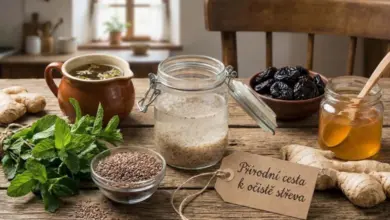Přirozené ingredience pro zdraví tlustého střeva na dřevěném stole.