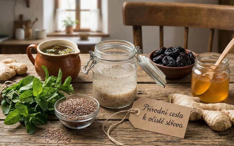 Přirozené ingredience pro zdraví tlustého střeva na dřevěném stole.