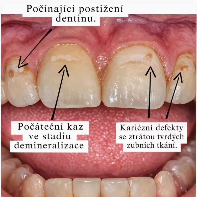 Zubní kaz na předních zubech s popisky v češtině.