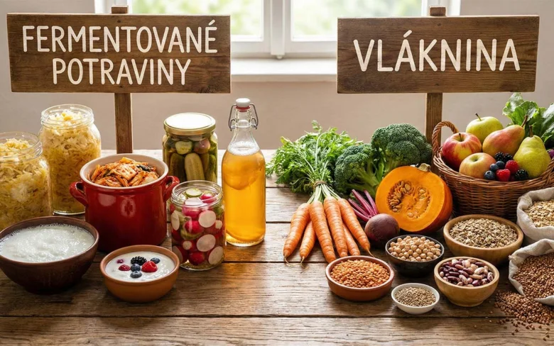 Fermentované potraviny a vlákninové zelenina na dřevěném stole.