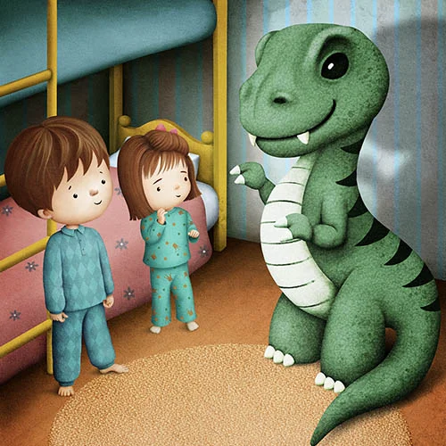 Dva děti v pyžamu stojí u postele s dinosaurem.
