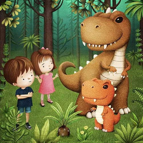 Dvě děti s přátelskými dinosaury v zeleném pralese.